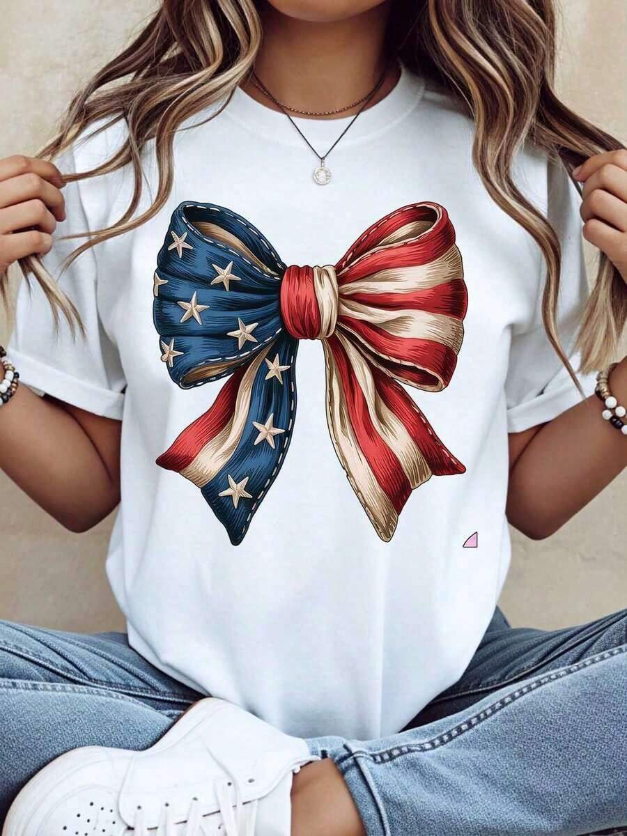 1 Piece Patriotic T-Shirt With American Flag Bow For Women, Casual Graphic Design For Independence Day Celebration, 4th Of July Party Outfit, Red, White And Blue Stars And Stripes Design, 220g/180g 100% Cotton. - 白色 - 查看 1