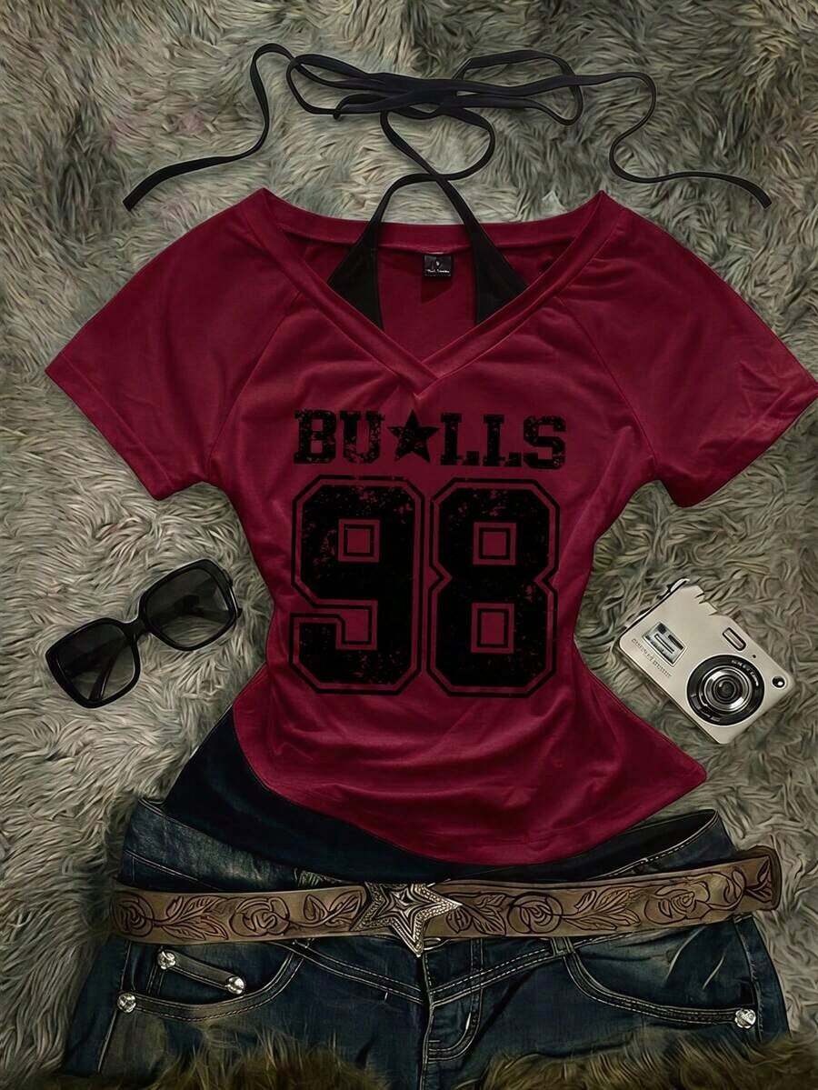 Camiseta de manga corta con cuello de corbata y contraste de color, estilo retro casual para mujer, ropa de verano vintage - Multicolor 2 - Ver 1