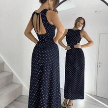 YijiaNvz  Vestido de verano sin mangas con lazo en la cintura y estampado de lunares elegante para mujer - Multicolor - Ver 2