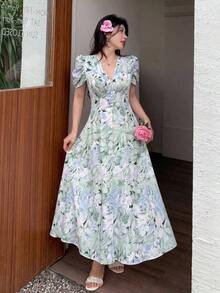 Vestido de mujer de ajuste ceñido con cuello cruzado, botones de perlas y mangas abullonadas - Verde - Ver 5