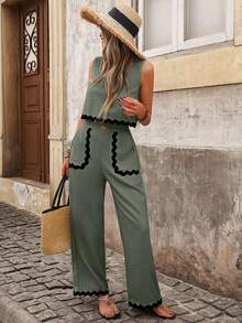 LUNE Conjunto de top corto sin mangas de cuello cuadrado informal y pantalones rectos, con bolsillo con cinta a color, para primavera/verano - Verde - Ver 5