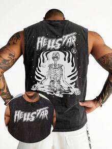 Men's Acid Washed Cotton Sleeveless Tank Top, Hellstars Meditating Skeleton Graphic Print Muscle Tee, Loose Fit Casual Streetwear Vest, Breathable Summer Workout Singlet For Punk Rock Fans, Gym, Beach & Daily Wear - Black - View 1