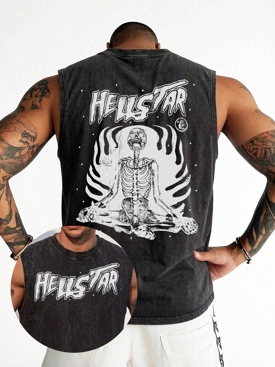 Men's Acid Washed Cotton Sleeveless Tank Top, Hellstars Meditating Skeleton Graphic Print Muscle Tee, Loose Fit Casual Streetwear Vest, Breathable Summer Workout Singlet For Punk Rock Fans, Gym, Beach & Daily Wear - Black - View 1