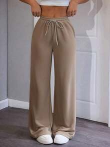 Pantalones de chándal de mujer de punto de unicolor, cómodos y casuales con pierna ancha - Camel - Ver 1