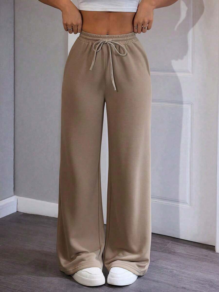 Pantalones de chándal de mujer de punto de unicolor, cómodos y casuales con pierna ancha - Camel - Ver 1