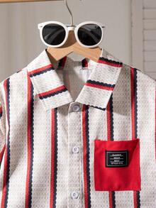 2pcs/Set Boys' Casual Striped Print Pattern Decorated Patch Short Sleeve Top And Solid Color Faux Drawstring Shorts, Spring/Summer - Red - View 3
