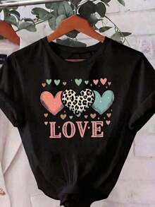 Camiseta Casual de Poliéster para Mujer, Cuello Redondo, Manga Corta, Largo Regular, con Estampado de Leopardo y Gráfico de Corazón - Negro - Ver 2