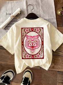 Camiseta Casual de Talla Grande para Mujer, Camiseta con Diseño de Tigre Misterioso - Camiseta Surrealista, Camiseta de Tigre Rosa y Dorada para Verano - Albaricoque - Ver 2
