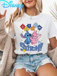 Disney Licensed Stitch Angel Autism Puzzle Print T-Shirt, Short-Sleeve Lilo & Stitch, Summer Women'S Fashion, Casual, Comfortable, Soft, Suitable For Daily Outdoor, Fitness, Breathable Round-Neck Short-Sleeve T-Shirt - White - View 6