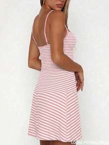 Vestido mini de tirantes finos a rayas, versátil y sexy para vacaciones, nuevo conjunto de vestido de playa para primavera/verano - Rosa - Ver 3