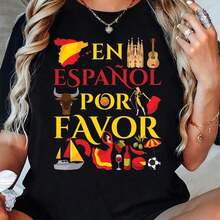 Adecuada para ocasiones casuales y deportivas, camiseta de mujer con motivos de viajes españoles - Estampado vibrante "EN ESPAÑOL POR FAVOR" con íconos culturales, cuello redondo informal, elasticidad media, camiseta de verano para recuerdo de vacaciones, artículos con temática de viajes, camisetas CLL-3896Camiseta de algodón. - Negro - Ver 1