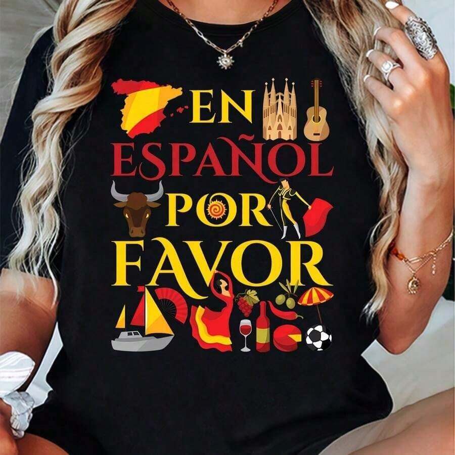 Adecuada para ocasiones casuales y deportivas, camiseta de mujer con motivos de viajes españoles - Estampado vibrante "EN ESPAÑOL POR FAVOR" con íconos culturales, cuello redondo informal, elasticidad media, camiseta de verano para recuerdo de vacaciones, artículos con temática de viajes, camisetas CLL-3896Camiseta de algodón. - Negro - Ver 1