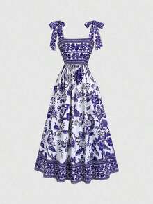 Vestido vintage de mujer con cintura anudada y estampado floral diminuto, de peso ligero y lujoso, sin mangas, rojo, ajustado, sexy, adecuado para vacaciones de verano y fiestas - Morado - Ver 1