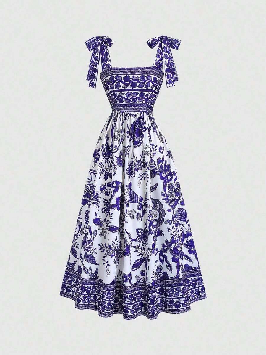 Vestido vintage de mujer con cintura anudada y estampado floral diminuto, de peso ligero y lujoso, sin mangas, rojo, ajustado, sexy, adecuado para vacaciones de verano y fiestas - Morado - Ver 1