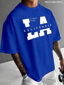 Men's Fashion Casual T-Shirt - 100% Cotton, Regular Fit, Short Sleeve, Crew Neck, California LA West Coast Print, American Urban Style,  Print Design, Perfect For Streetwear Or Everyday Wear, Or As A Gift - 藍色 - 查看 2
