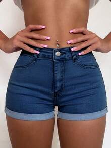 Quần short denim màu xanh hải quân cổ điển với thiết kế ống đứng, độ co giãn vừa phải ôm sát cơ thể, cài nút, mang đến phong cách thường ngày giản dị và thời trang. - Rửa tối - Xem 8