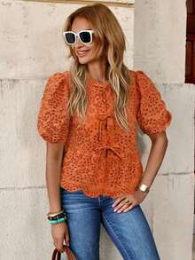 Blusa casual y elegante con mangas abullonadas, cierre de lazo y bordado, adecuada para el Día de San Valentín - Naranja - Ver 5