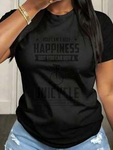 You Can't Buy Happiness With A Bicycle, But You Can Buy A Unicycle. Plus Size Women's Short-Sleeved, Crew Neck T-Shirt, Casual Style, Made With Medium-Stretch Fabric, Suitable For Spring, Summer, And Autumn, Machine Washable, Fun Design. - 黑色 - 查看 7