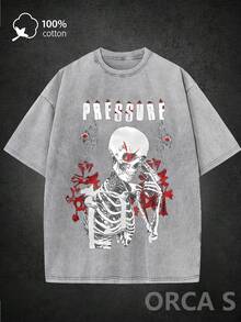 Unisex Urban-Style T-Shirt With A Skull Print And Distressed Effect, 100% Cotton, 220 Grams, Suitable For Concerts, Outdoor Activities, Vacations, Gifts, Outdoor Sports, And Other Occasions. EWCQ - 灰色 - 查看 7