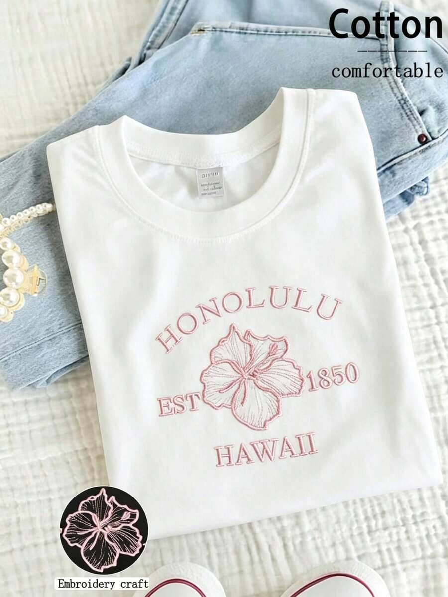 Camiseta de Mujer con Cuello Redondo, Diseño Colorblock de Verano, Estampado de Slogan y Bordado de Hibisco - Blanco - Ver 1