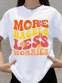 More Bagels, Less Worry - Funny T-Shirt For Men And Women, Casual T-Shirt With Donut And Flower Graphic Design, Humorous T-Shirt For Everyday Wear, Party Gift, Summer Outfit - 白色 - 查看 6