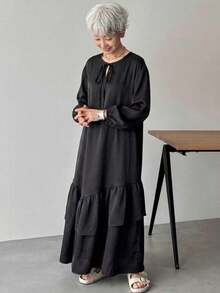 Vestido casual de manga larga con cuello de corbata de unicolor, vestidos de sol para mujeres - Negro - Ver 3
