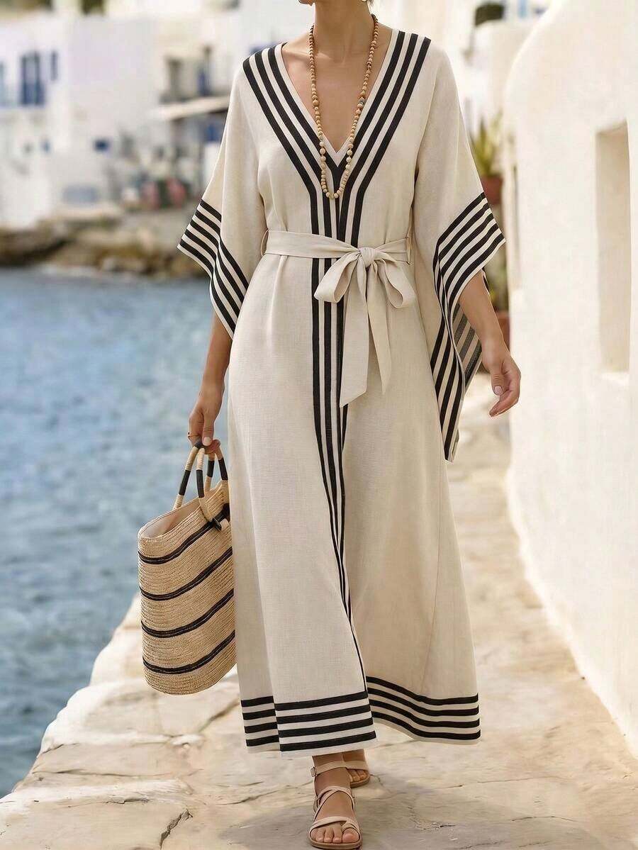 Wandoria Bata con cuello en V, estampado digital, rayas, teñido anudado color albaricoque, similar al lino, manga 3/4 asimétrica, vestido largo elegante de mujer bohemio y casual para resort - Albaricoque - Ver 1