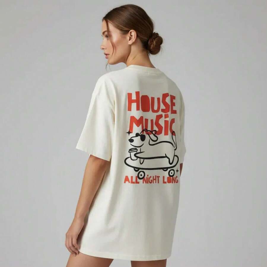 VintageHouse Music Dog Lover Oversized T-Shirt: EDM Rave Festival Outfitsummer Tops - White - View 1