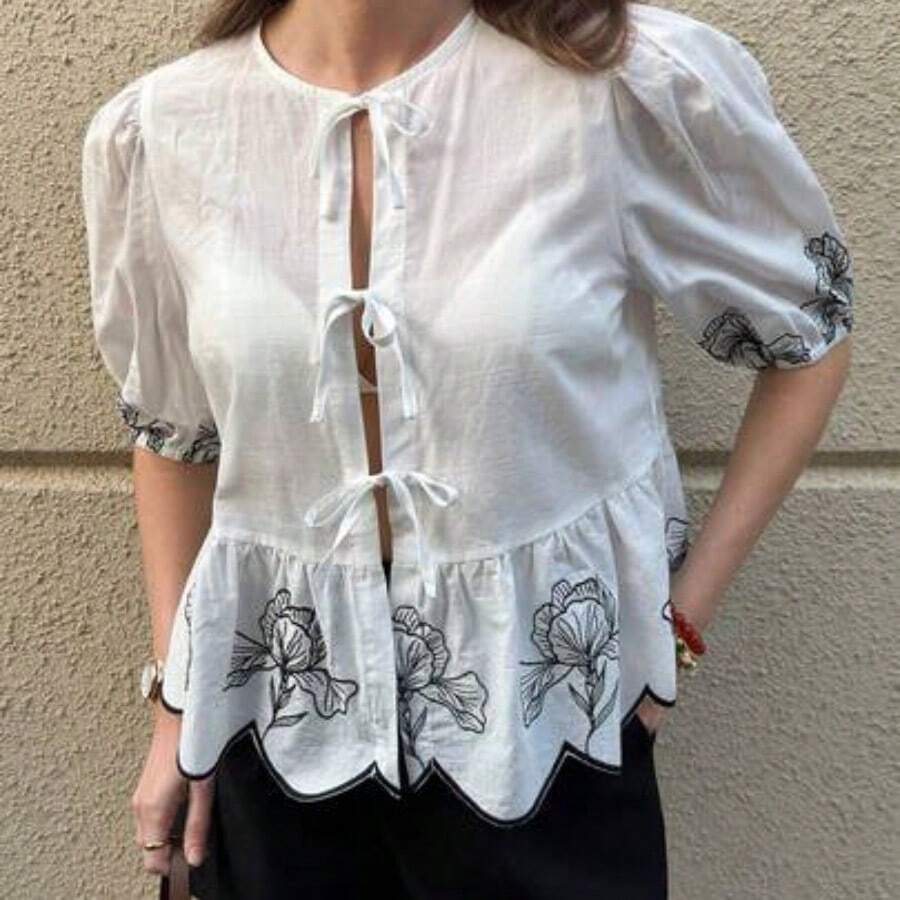 Fengyu Women's Clothing Store Blusa elegante con mangas abullonadas, lazo delantero y bordado, ideal para vacaciones o San Valentín - Albaricoque - Ver 1