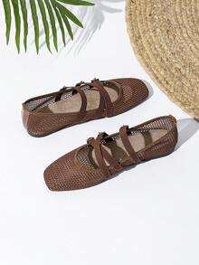 Square Toe Mary Jane Shoes, Three-Strap Elastic Banded, Breathable Mesh Summer Shoes, Fashionable & Elegant Flat Design - Brown - View 4