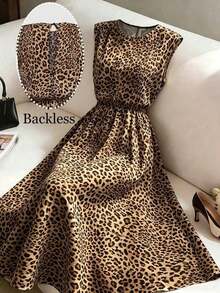 CURVE Vestido midi elegante de oficina de talla grande para mujer, de estilo vintage, con estampado de leopardo sin mangas y corte evasé - Marrón - Ver 9