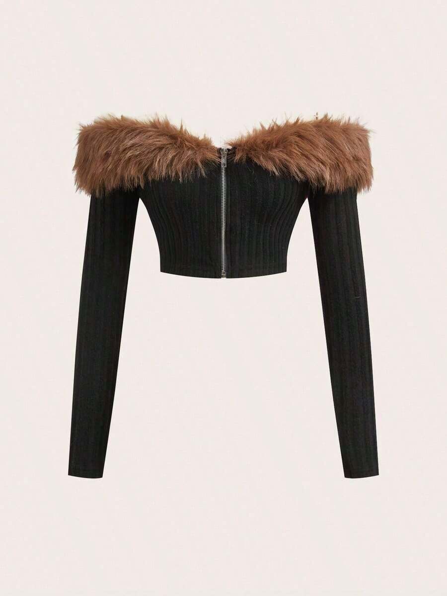 Chaqueta corta rosa con hombros descubiertos y ribete de peluche para otoño/invierno - Negro - Ver 1