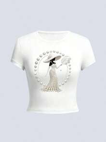 Camiseta de mujer de cuello redondo holgada de manga corta, con estampado de lazo de fresa pintado a mano en estilo retro americano dulce, adecuada para picnic de primavera, campus diario, citas, salidas casuales, mercado retro y otras ocasiones de verano - Blanco 2 - Ver 3