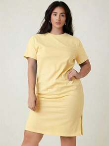 Vestido casual para cena y citas de tallas grandes con abertura lateral y color sólido - Amarillo claro - Ver 1