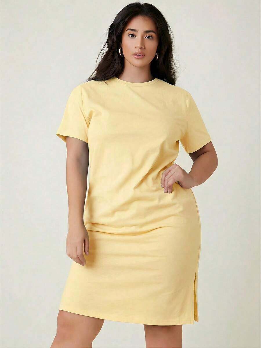 Vestido casual para cena y citas de tallas grandes con abertura lateral y color sólido - Amarillo claro - Ver 1