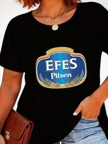 Camiseta gráfica con el logo de la cerveza Efes Pilsen para mujer, de algodón, informal, de manga corta, cuello redondo, estilo minimalista, con estampado de anime/eslogan/banda, tela cómoda de elasticidad media, lavable a máquina - Versátil para el día a día, deportes u ocasiones especiales. - Negro - Ver 6