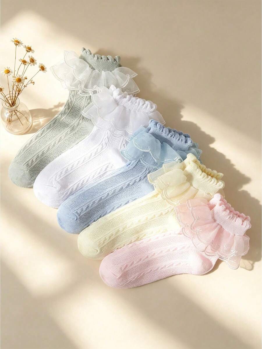5 pares de calcetines cortos de malla de unicolor para niñas/niños en primavera/verano, con decoración de color apagado retorcido, estilo princesa versátil, suave y cómodo, calcetines de encaje y volantes minimalistas y casuales, transpirables y delgados, adecuados para actuaciones, ocio en casa, fiestas de cumpleaños, atuendos escolares - Multicolor - Ver 1