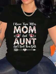 1 camiseta de mujer con estampado "Tengo dos títulos, mamá y tía", cuello redondo, manga corta, patrón geométrico, tejido de punto transpirable, longitud regular, comodidad para todas las estaciones.Transpirable y cómoda. - Negro - Ver 1