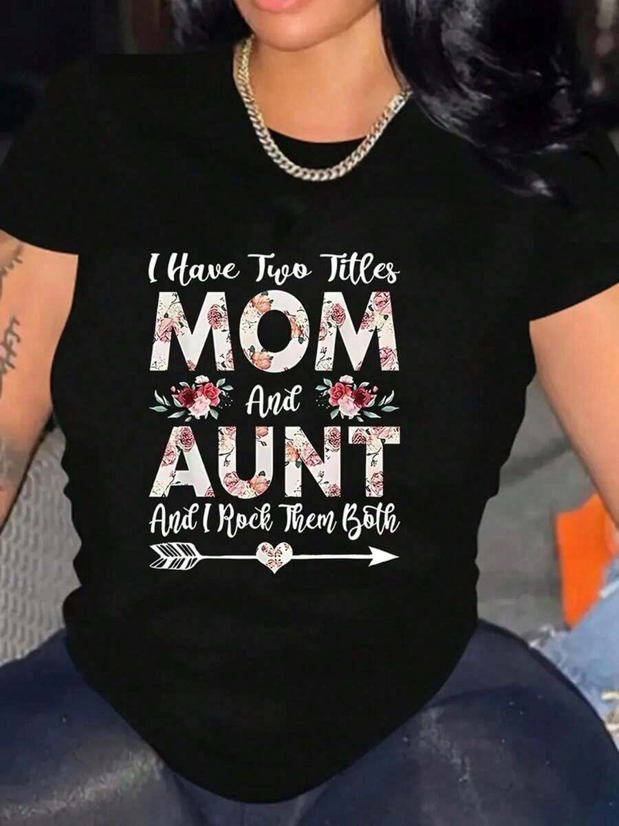 1 camiseta de mujer con estampado "Tengo dos títulos, mamá y tía", cuello redondo, manga corta, patrón geométrico, tejido de punto transpirable, longitud regular, comodidad para todas las estaciones.Transpirable y cómoda. - Negro - Ver 1