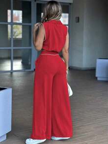 Conjunto casual minimalista de 2 piezas para mujer, top sin mangas de cintura alta con cuello y bolsillos, con cordón falso, elegante para primavera/verano en color negro - Rojo - Ver 2