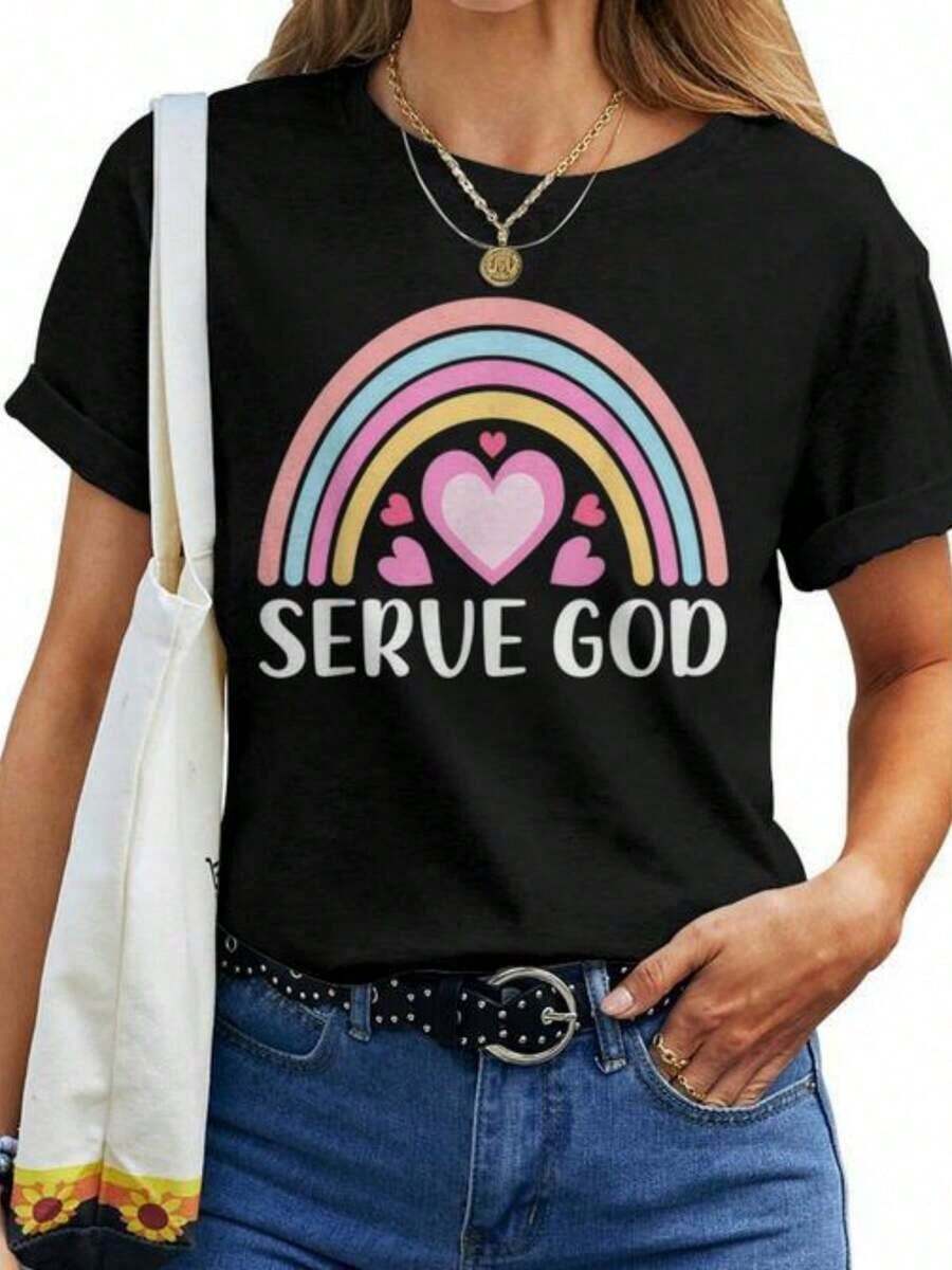 Camiseta Boho Arcoíris para Mujer, "Sirve a Dios", Fe Cristiana, Camiseta casual para mujeres. - Negro - Ver 1