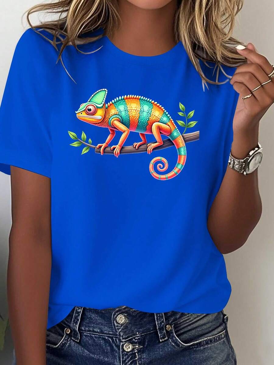 Camiseta de algodón puro para mujer con estampado de ramas de camaleón - Top casual suave y transpirable, con diseño realista de lagarto para uso diario, camiseta lavable a máquina, blusa casual para mujer. - Azul - Ver 1