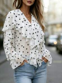 Buzzelle Elestia Women's Elegant Romantic V-Neck Lantern Sleeve Ruffle Polka Dot Chiffon Blouse, Casual Semi-Sheer Boho Vacation Outing Top, Spring Summer Fall - Black and White - View 3