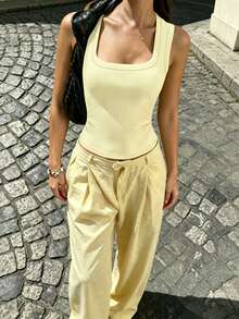 Women's Summer Casual Fitted Basic Tank Top, Pale Yellow Square Neck Design, Suitable For Daily, Workout And Commute Wear - Light Yellow - View 2