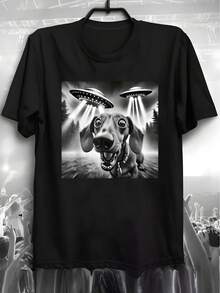 Camiseta de hombre con diseño de perro salchicha y OVNI de ciencia ficción - Camiseta negra de manga corta y cuello redondo de corte regular, con estampados digitales, lavable a máquina, ideal para uso casual en verano y todo el año - Negro - Ver 6