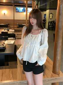 Doll Blouse Square Neck Striped Print Tie-Front Elegant Long Sleeve Shirt White - White - View 6