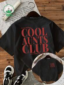 Cotton T-Shirt With A Cool Auntie Club Print On The Front And Back. This Women's Spring/Summer Top Is Soft, Fitted, And Has A Round Neck, Making It Suitable For All Seasons. It Can Be Worn As A Base Layer In Spring And Autumn Or On Its Own In Summer. This Unisex, Heavyweight Cotton Top Has A , City-Boy Style. - 黑色 - 查看 11