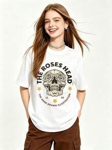 Camiseta de manga corta con cuello redondo suave y casual para mujer de verano| LA CABEZA DE LAS ROSAS, LA ILUSTRACIÓN DIBUJADA A MANO, Rosa, Muerte y Romance, 1988|Tops para salir, Estilo callejero europeo y americano, Casual deportivo, Estilo unisex, Estilo casual urbano, Tops bonitos, Generación Z, Curvas, Ropa Y2K, Camisetas divertidas, Tops de mujer, Conjuntos de vacaciones para mujer, Top lindo, Camiseta gráfica, Conjuntos de primavera, Camisetas holgadas, Ropa urbana retro, Estilo de los 90, Estilo de los 2000, Subcultura, Top negro, Tops blancos, Conjunto de fiesta de los 90. - Blanco - Ver 5