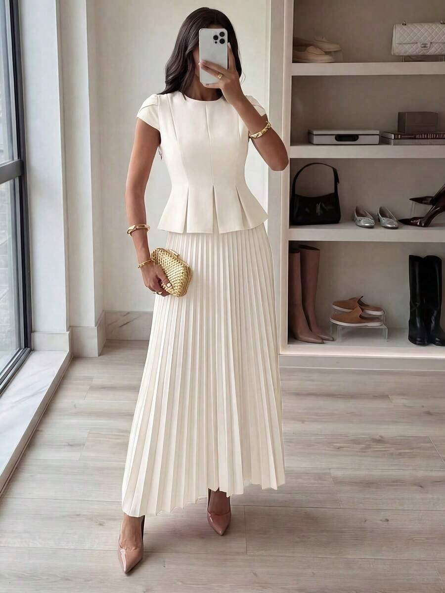 Conjunto elegante de 2 piezas con camisa de mangas cubiertas y dobladillo plisado y minifalda plisada de unicolor para mujer - Blanco - Ver 1