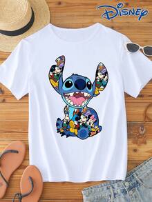 Disney Licensed, Best-Selling Women's Print: Minnie Mouse Head, Diamond Sparkle, Bow, Fashionable And Cute Printed Short-Sleeved Crew Neck T-Shirt. Crew Neck, Casual, Comfortable, Stylish, And Versatile, Suitable For Spring, Summer, And Autumn. Optimistic Design, Elastic Fabric. - trắng - Xem 1